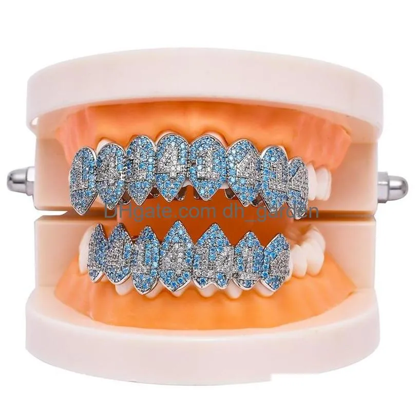 silver color iced out 1414 gold grillz crystal jewelry accessories top bottom grills teeth body jewelry hip hop bling cubic zircon 265