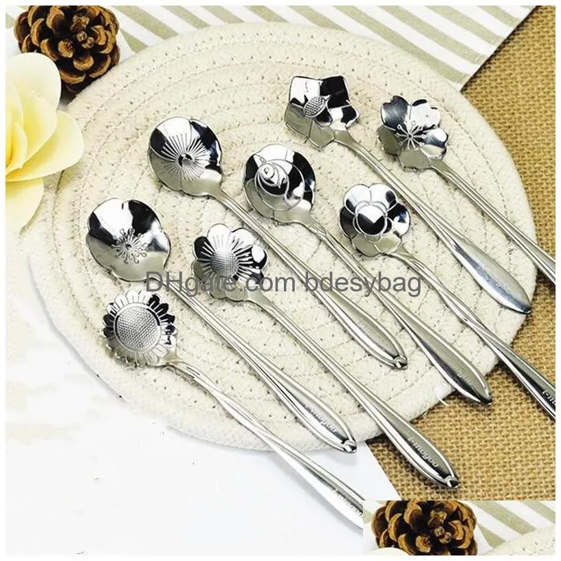 8 pcs/set stainless steel spoon flower shaped stiring spoons ice cream sugar cake coffee tableware spoon