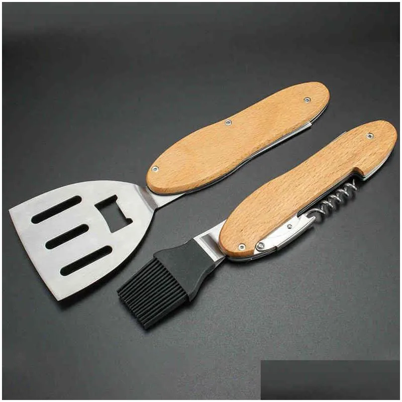 multifunction stainless steel bbq tools set barbecue shovel oil brush fork bottle opener compact portable splittable durable grill outdoor collapsible