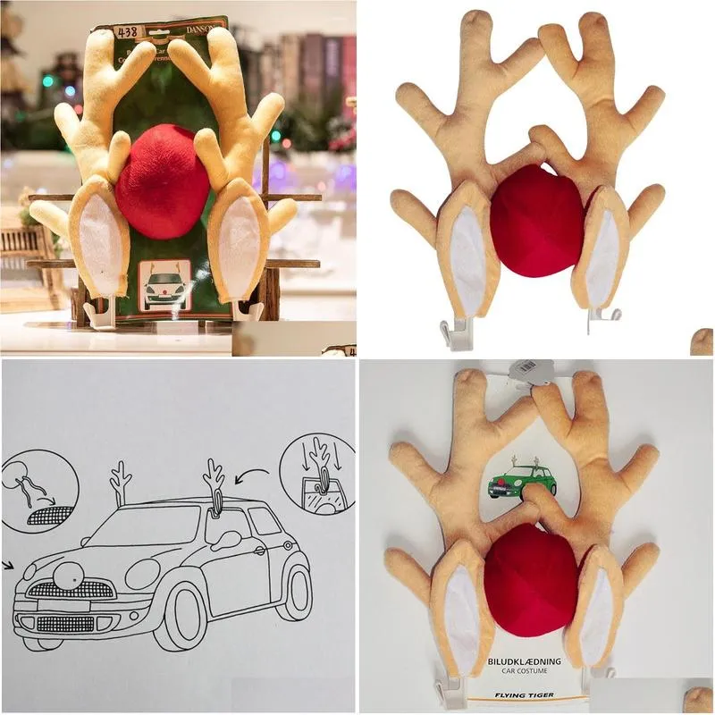 christmas decorations 2022 reindeer decor car vehicle nose horn costume set rudolf antlers red ornaments elk antler1
