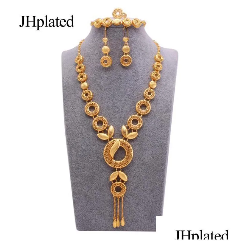 dubai 24k fashion gold plated bridal jewelry sets necklace earrings bracelet ring gift wedding jewellery set wholesale for women 