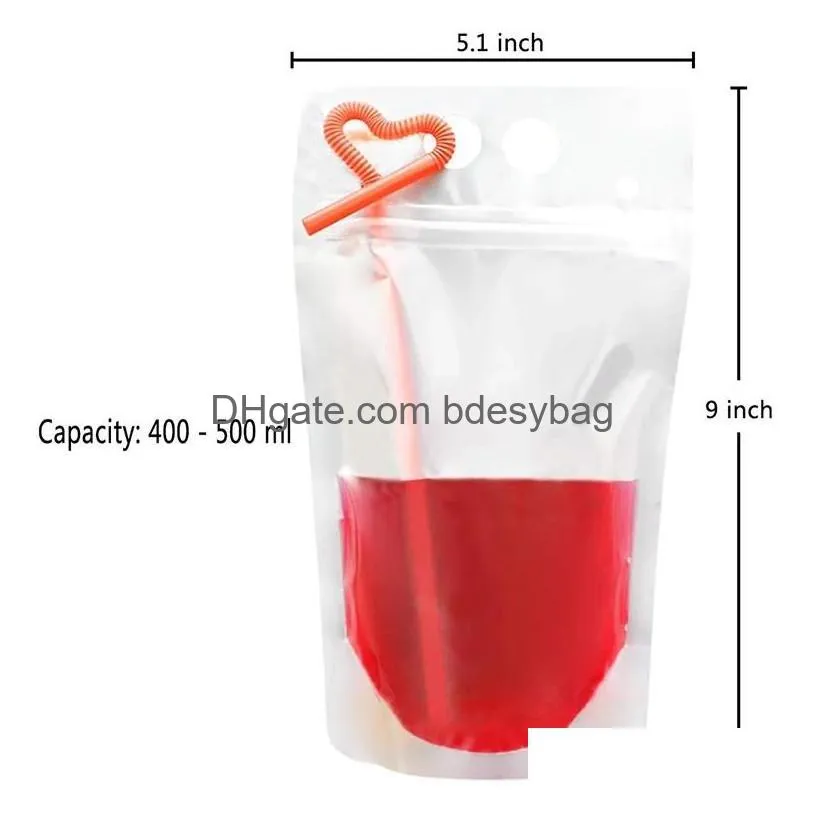 100 pcs drink pouch bag with straws 250ml500ml juice pouches translucent reclosable zipper plastic drinking poucjes sealed juices liquid