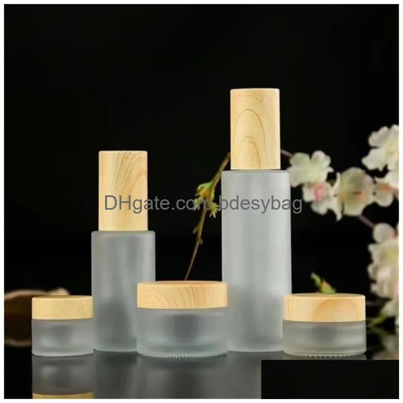 20ml 30ml 60ml 80ml 100ml 120ml frosted glass bottle cosmetic cream jar container portable lotion spray bottles with imitated wood lid