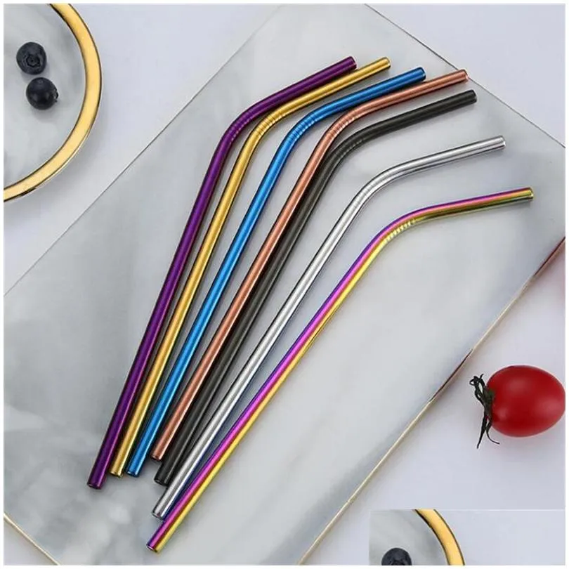 6x241mm stainless steel drinking straws reusable colorful metal straw cleaning brush for party wedding bar