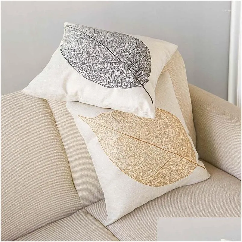 pillow yellow gold brown navy blue coffee leaf home decorative sofa throw cover 45x45cm nordic plant leaves linen