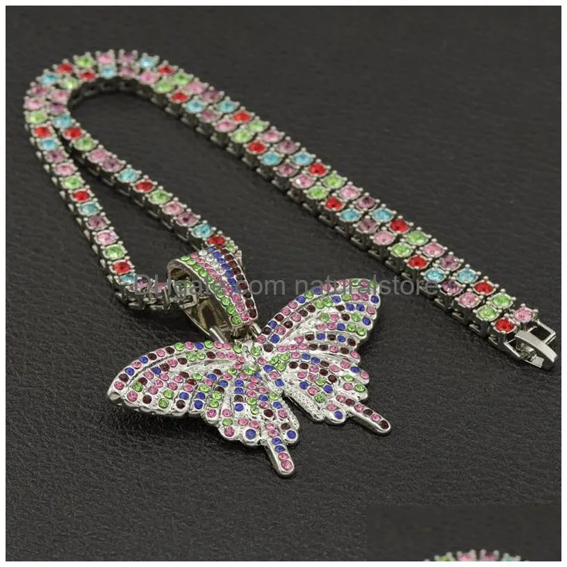pendant necklaces colorful crystal butterfly necklace tennis chain cz insects charm choker iced out bling hip hop jewelry year gifts