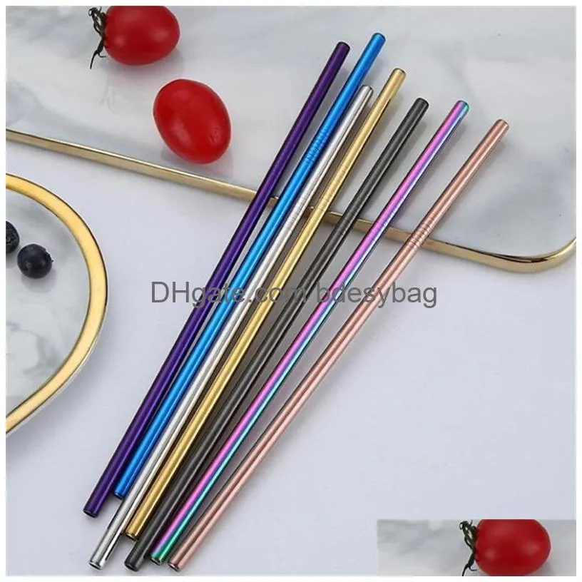 6x241mm stainless steel drinking straws reusable colorful metal straw cleaning brush for party wedding bar