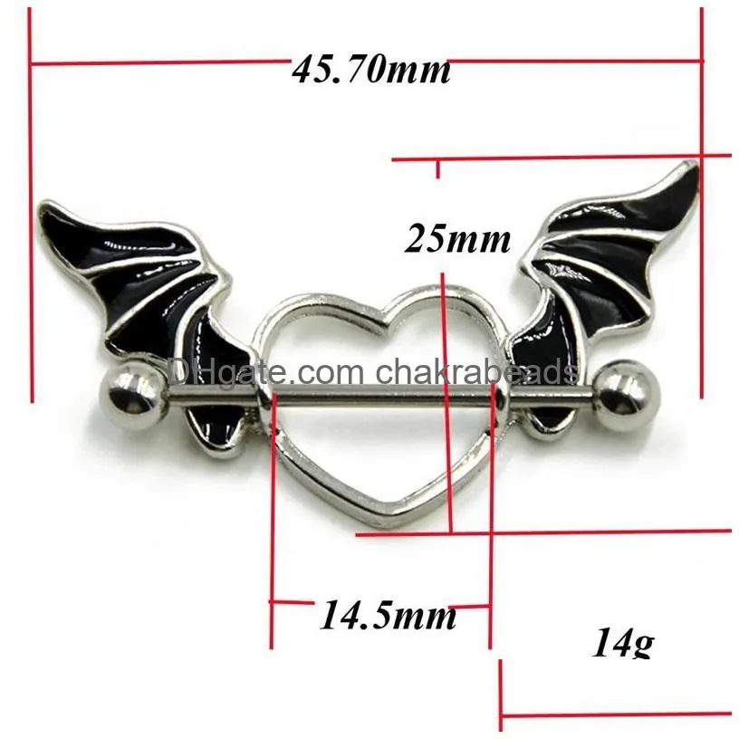 1 pcs stainless steel bat wing nipple shield ring angel heart piercing barbell jewelry 663 t2