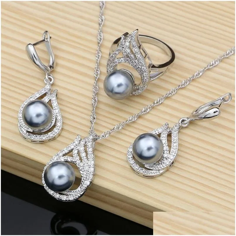 gray pearl bridal jewelry sets drop earrings with cz stone 925 silver women ring necklace set