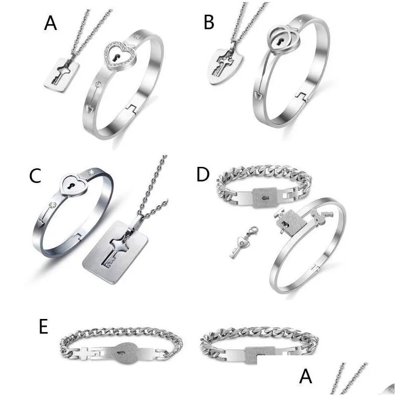 titanium steel love puzzle couple heart lock key bracelet necklace lover jewelry set fashion earrings 