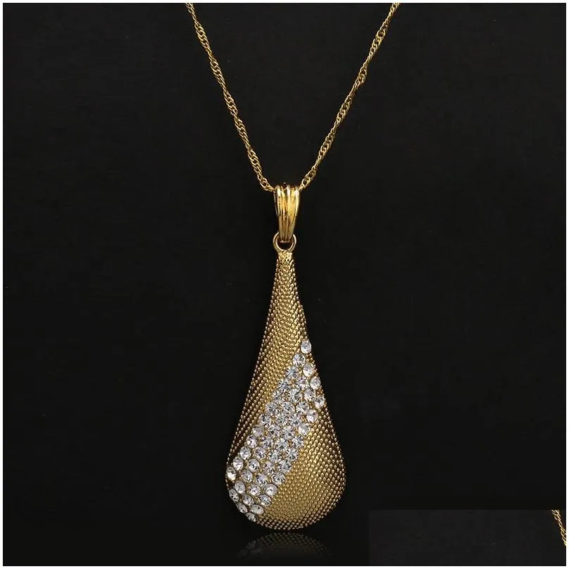 fashion dubai jewelry sets for women crystal water drop necklace pendant earrings statement bridal wedding party gift