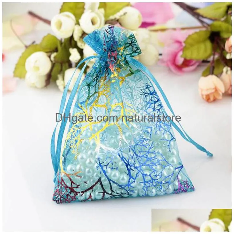 100 pcs blue coral fashion organza jewelry gift pouch bags 7x9cm drawstring bag organza gift candy bags diy gift bags