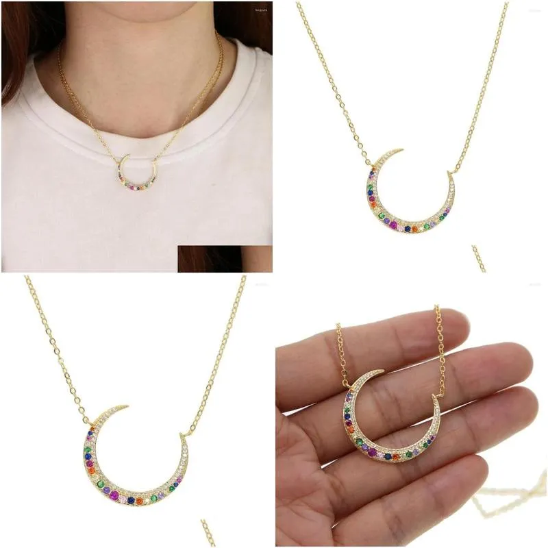 pendant necklaces gold filled fashion rainbow cz paved big moon charm necklace with color link chain for women wedding colorful