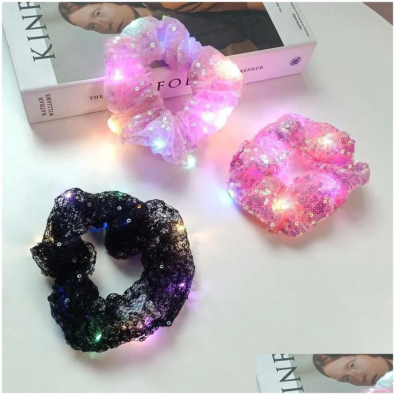 sequin gauze luminous large intestine hair circle net red personality fashion color hair rope led flash p ography bouncing di hairs