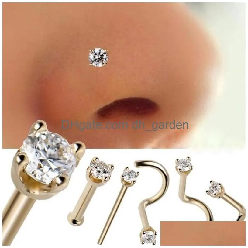 6pcs surgical steel zircon gem bone nose stud piercing earring anodized rose gold color nose ring prong nose body jewelry 345 q2