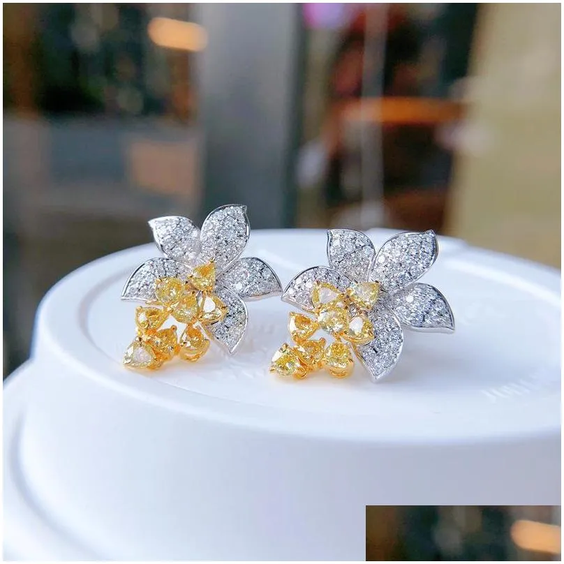 stud flower cubic zircon earring real 925 sterling silver jewelry gold color engagement wedding earrings women bridal party