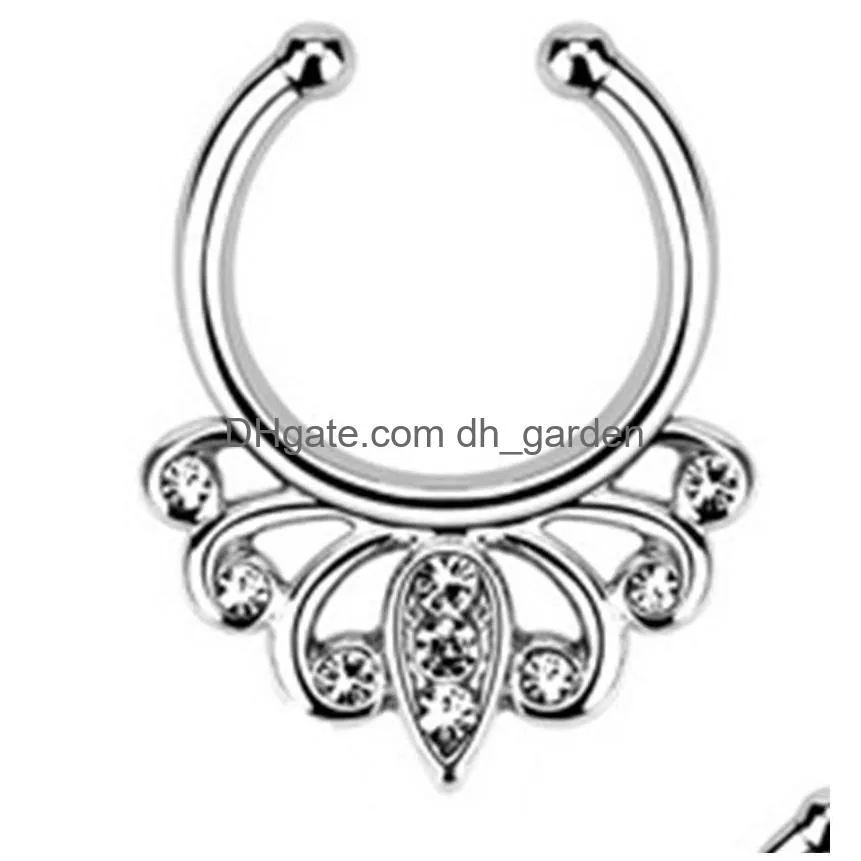 fashion fake septum medical titanium nose ring studs piercing silver crystal indian body clip hoop for women girls jewelry gift 456 t2