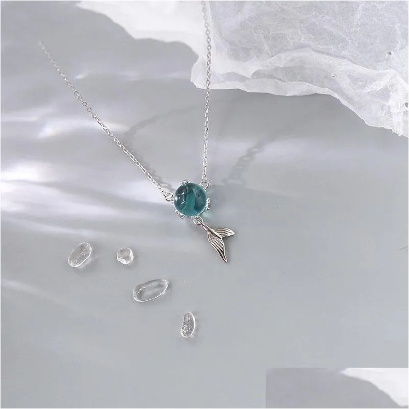 chains popacc dainty 925 sterling silver blue crystal fish tail necklace for women collares clavicle chain birthday gift