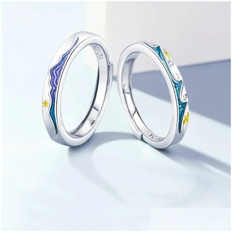 cluster rings sole memory color drip glaze couple gift wave vow 925 sterling silver female resizable opening sri962