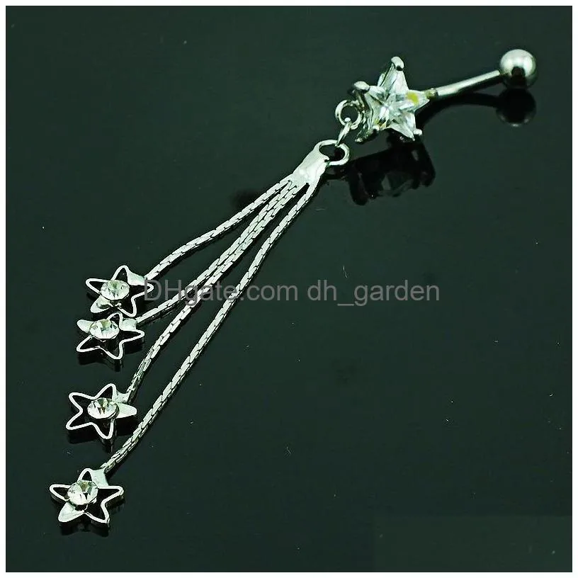 body piercing fashion belly button rings surgical steel rhinestone star barbells dangle chain star navel rings jewelry 1975 t2