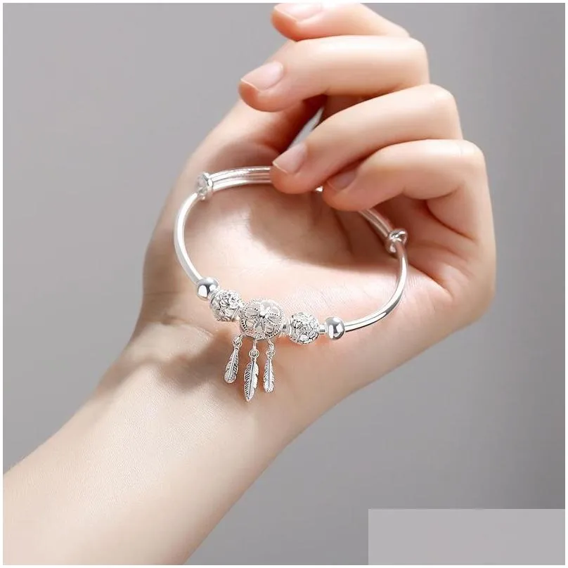 bangle 999 sterling silver adjustable women elegant jewelry sl209 dreamcatcher tassel feather round bead charm bracelet bangle for