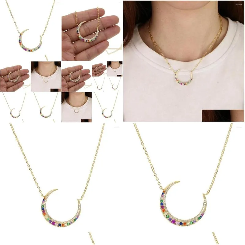 pendant necklaces gold filled fashion rainbow cz paved big moon charm necklace with color link chain for women wedding colorful