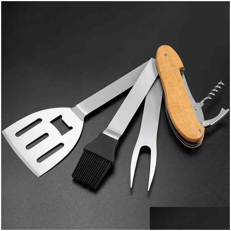 multifunction stainless steel bbq tools set barbecue shovel oil brush fork bottle opener compact portable splittable durable grill outdoor collapsible