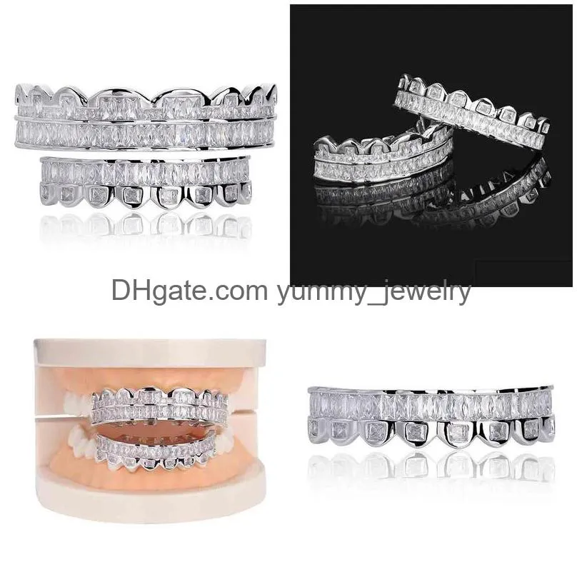 new baguette set teeth grillz top bottom silver color grills dental mouth hip hop fashion jewelry rapper jewelry534 t2