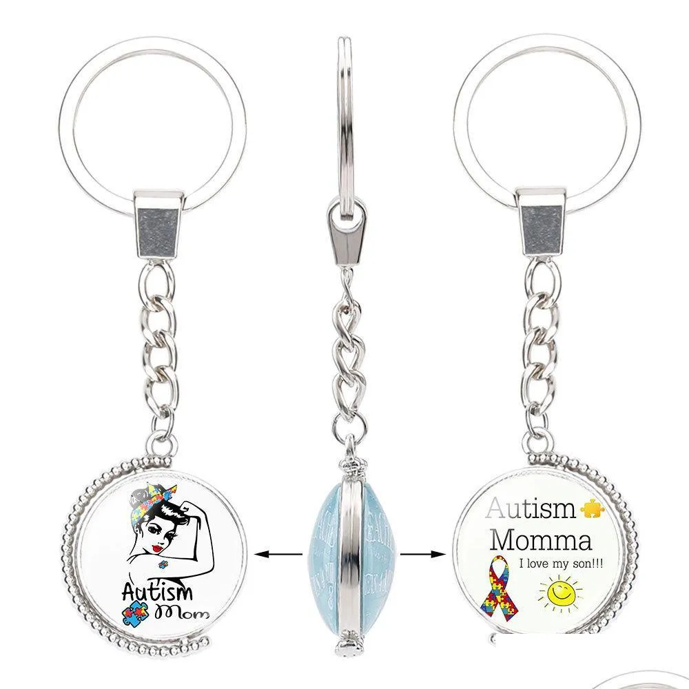 fashion kids autism awareness double sided keychains for children boys girls glass cabochon key chains inspirational jewelry