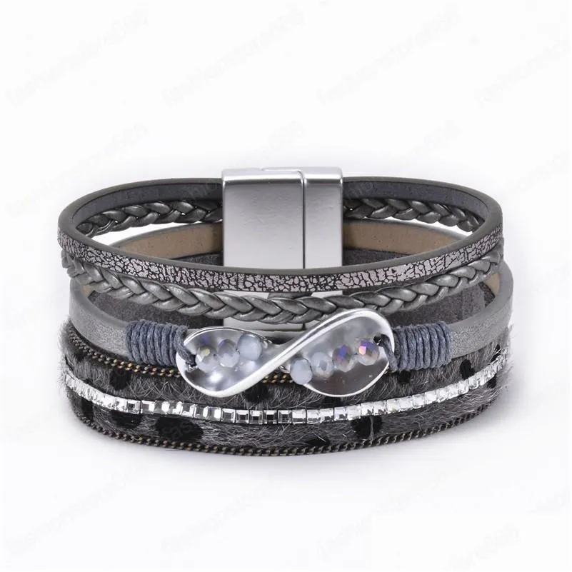 fashion multilayer pu leather bracelet crystal beads magnet buckle bracelets female creative wrap bracelet bangle jewelry gift