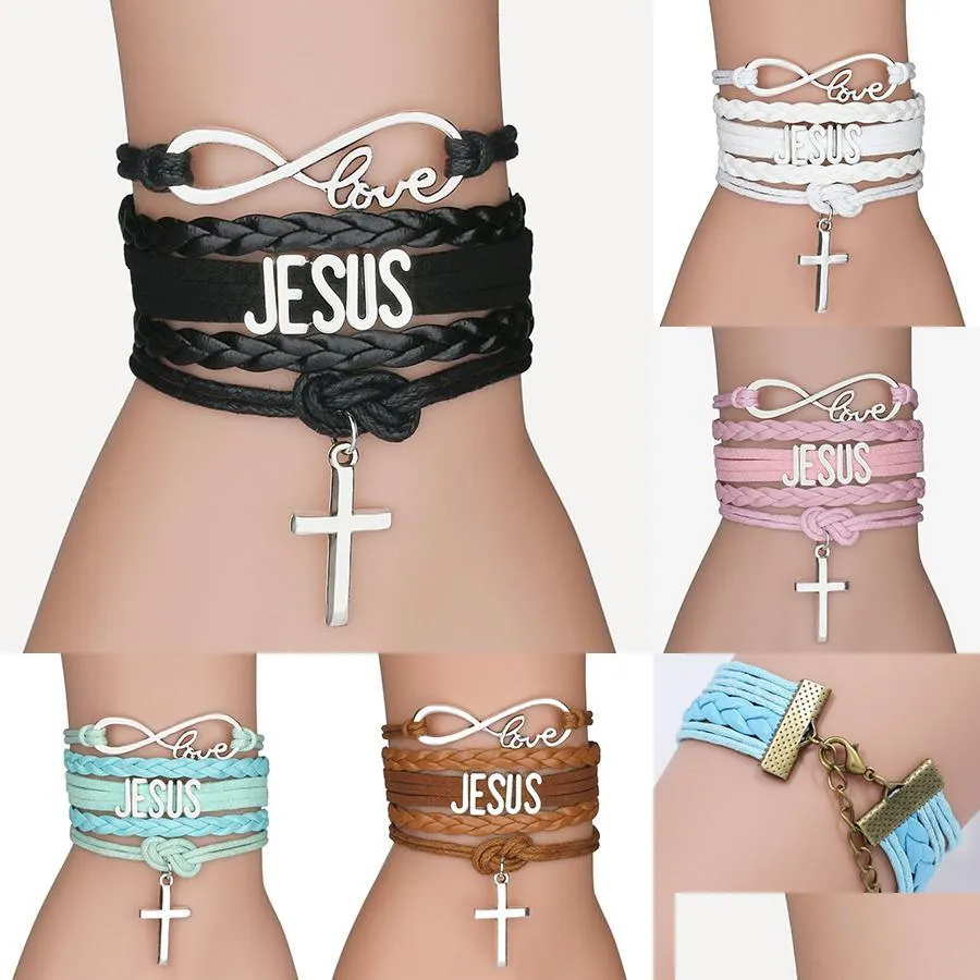 fashion cross charm braided leather rope bracelets for women men religious jesus love infinity wristband handmade jewelry in bulk