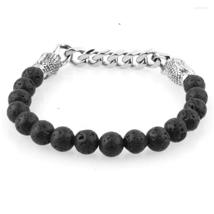 charm bracelets stainless steel black silver color black beads buddha statue head cuban chain bracelet mens boys jewelry8mm