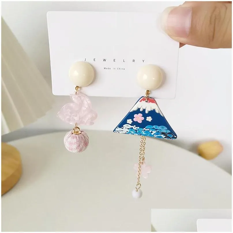 stud japanese cherry blossoms mount fuji earrings pink asymmetric long tassel for women girls cute jewelry