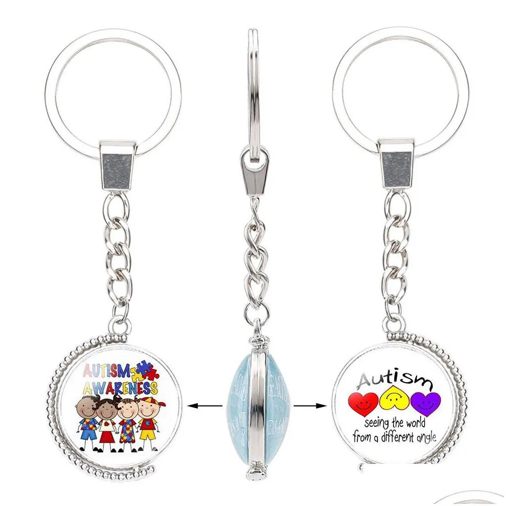 fashion kids autism awareness double sided keychains for children boys girls glass cabochon key chains inspirational jewelry