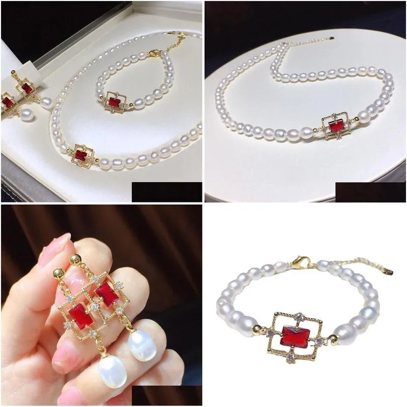 earrings necklace habitoo 67mm white natural freshwater pearl bracelet red cz sqaure fittings gorgeous jewelry set for women