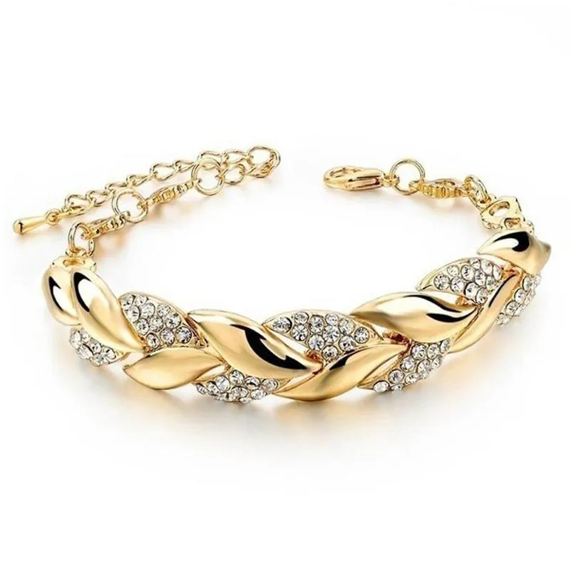 trendy bracelet full rhinestone women wristband jewelry gold color leaf shape crystal bangle wristlet fashion party gifts