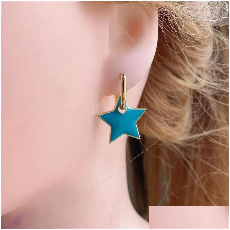 dangle earrings 5 pairs styles brass plated trend neon enamel star hoop earring wholesale fashionable turkish jewelry