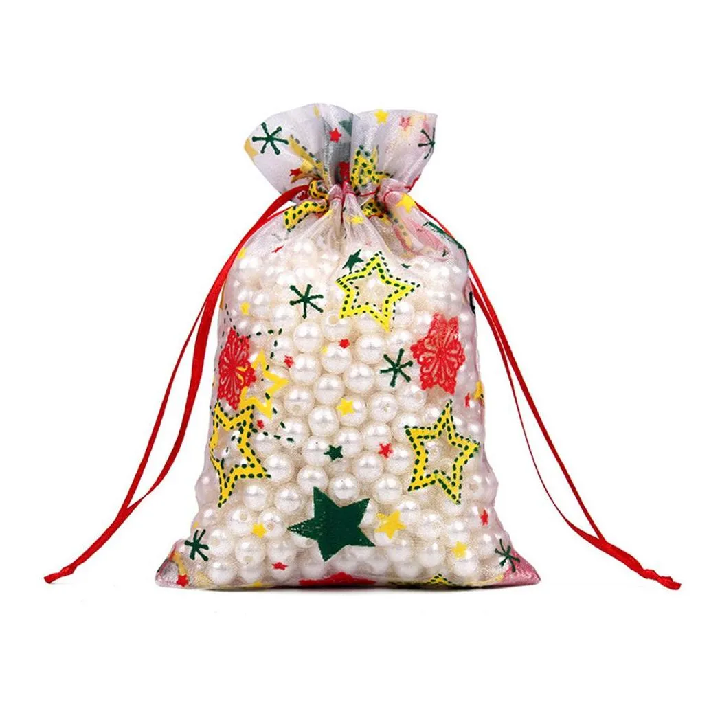 christmas drawstring organza bags gift wrap jewelry pouches for small business candy bracelet packaging gift supplies