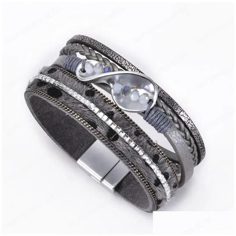 fashion multilayer pu leather bracelet crystal beads magnet buckle bracelets female creative wrap bracelet bangle jewelry gift