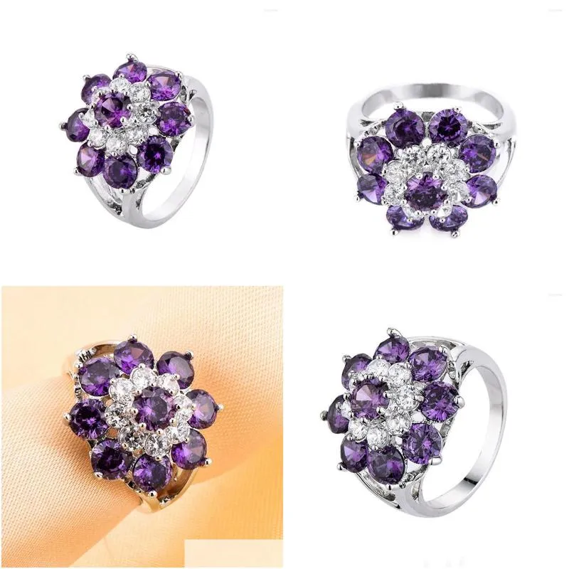 cluster rings wholesale purple cz sterling silver ring size 6 7 8 9 10 flower design sunflower vintage for women wedding jewelry