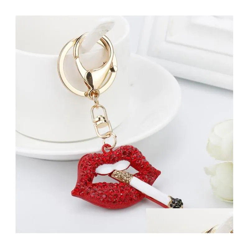 2021 fashion sexy rose red lip crystal cigarette keychain charm pendant rhinestone car purse handbag key chain ring creative gift1