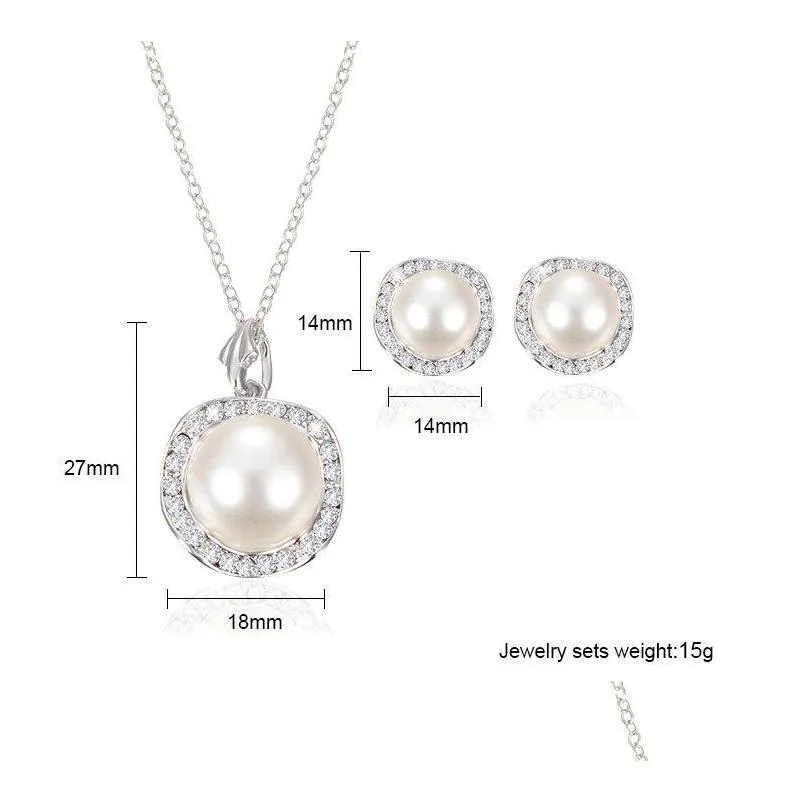 women wedding pearl pendant necklace stud earrings set for ladies crystal faux fake pearl jewelry bride bridesmaid engagement gift