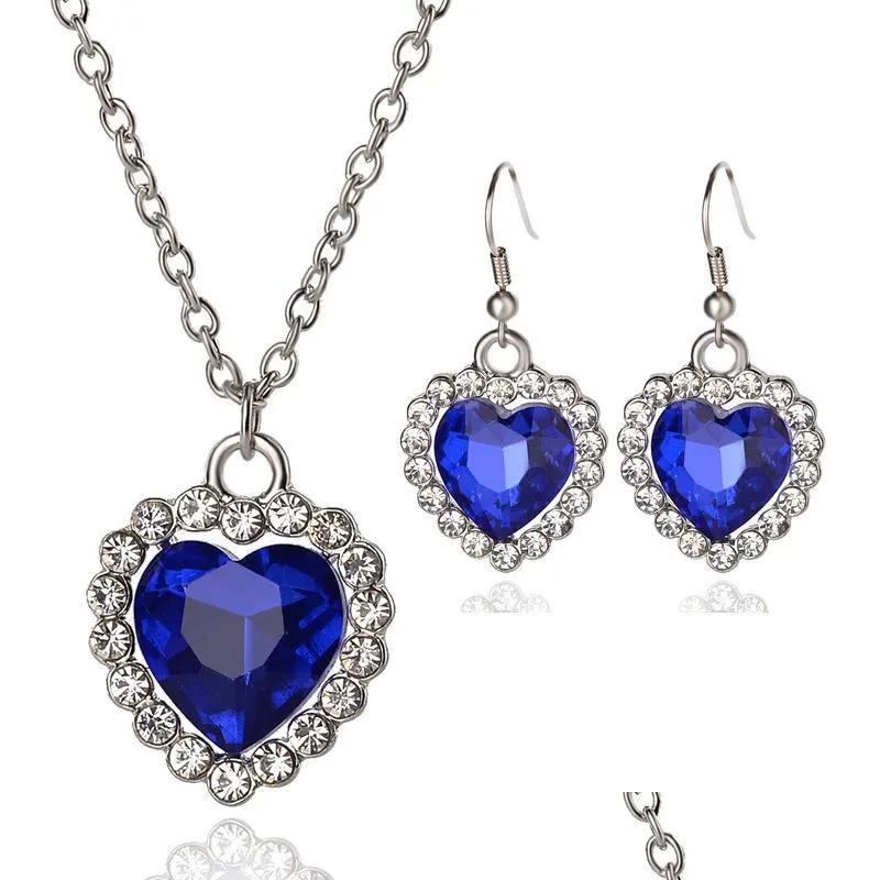 austrian crystal heart of ocean jewelry sets white rhinestones blue gemstone necklaces and earring set for women ladies fashion