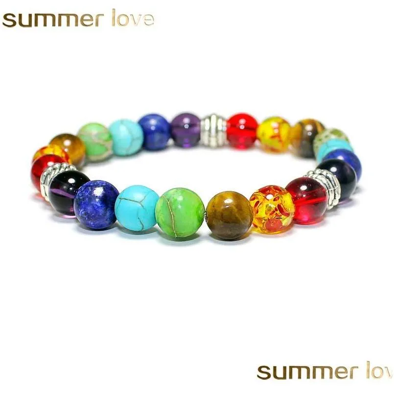  adjustable 7 chakras beaded bracelets 8mm natural stone bead elastic yoga buddha tiger eye bracelet for women men wholesale