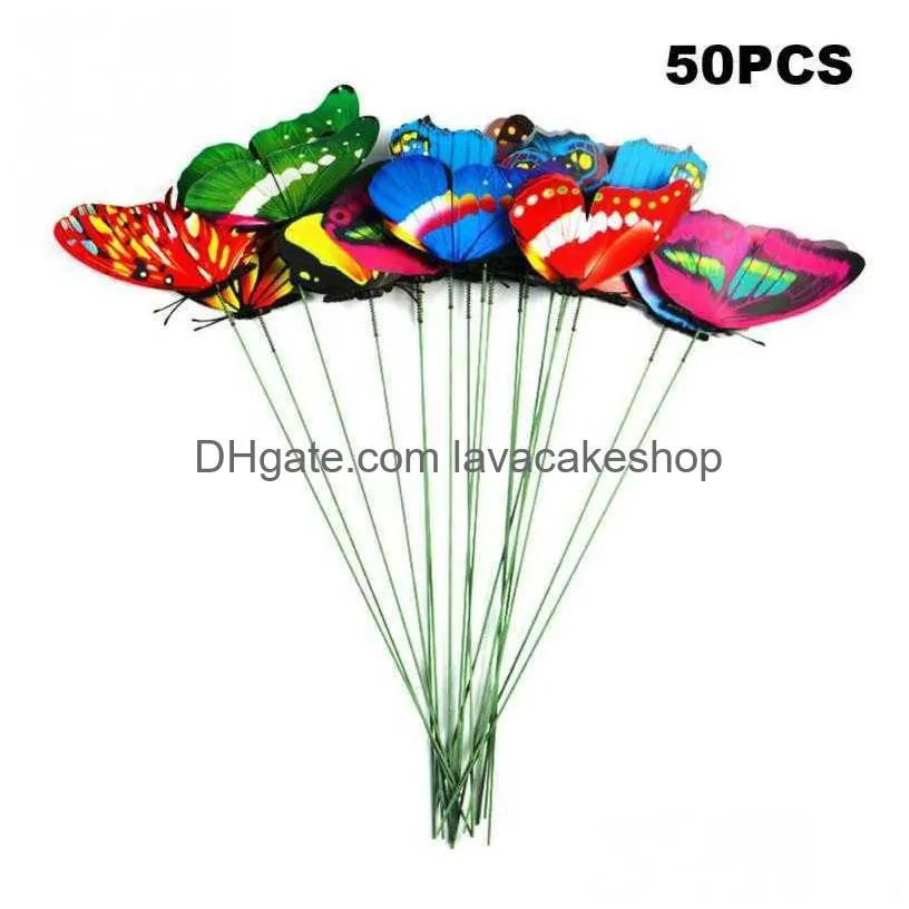 50pcs colorful on sticks artificial pvc butterfly stakes patio craft outdoor yard garden decor indoor flower pots party supplies y0914