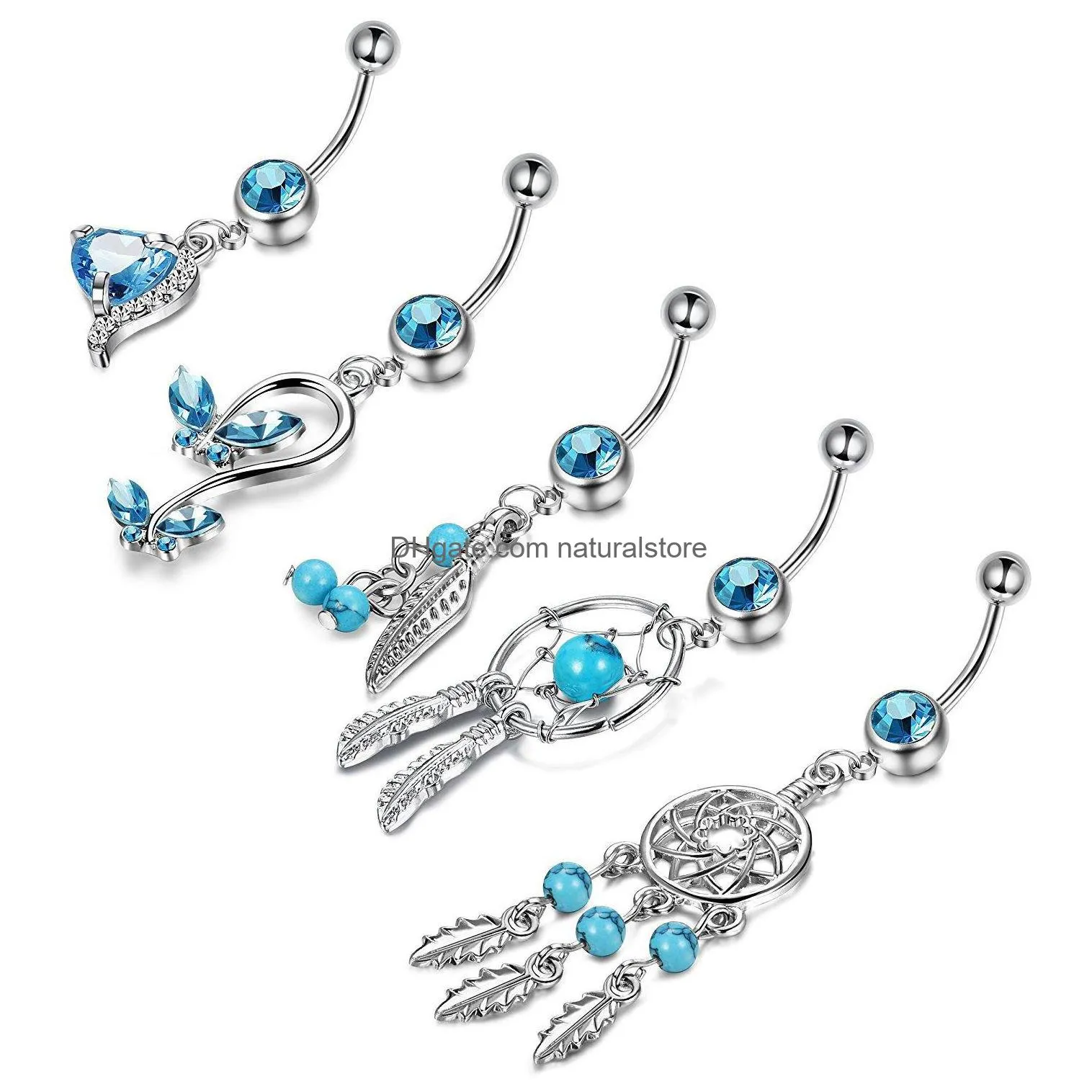 5pcs/set dream catcher blue stone zircon crystal body jewelry stainless steel rhinestone navel bell button piercing rings for women