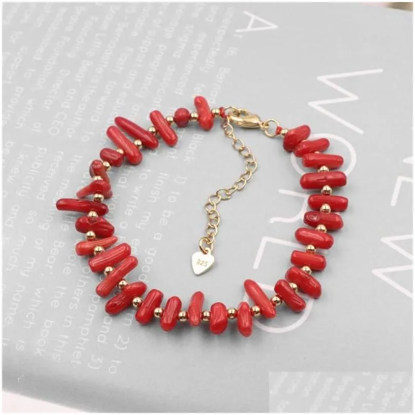 charm bracelets red natural coral stone charms bracelet unique spacers copper beads strand for women high grade gift jewelry 7.5 b139