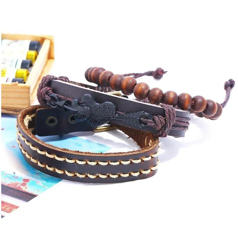 bangle jessingshow 3pcs/set vintage mens genuine leather bracelet wood beads charm multilayer braided women bangles jewelry