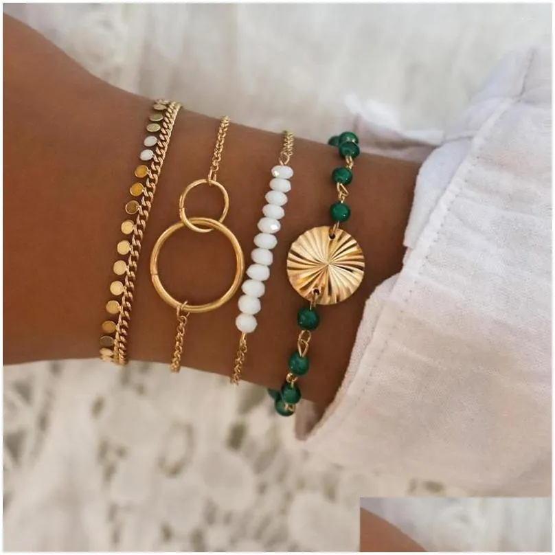 charm bracelets bohemian stone beads chains set for women metal heart round tassel bangle fashion jewelry