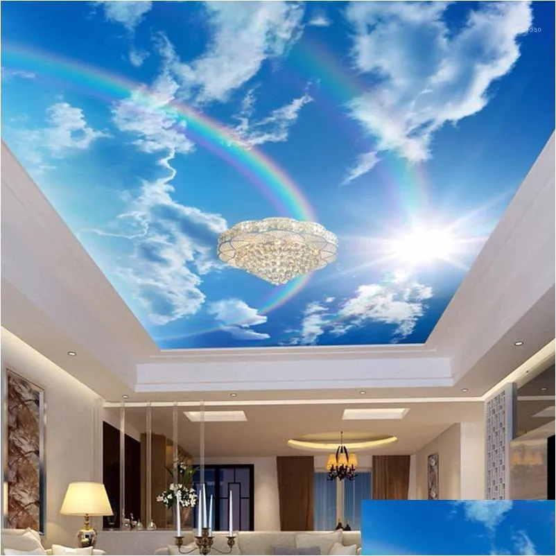 drop custom 3d wallpaper murals blue sky white clouds rainbow p o mural interior ceiling decorative wall paper1